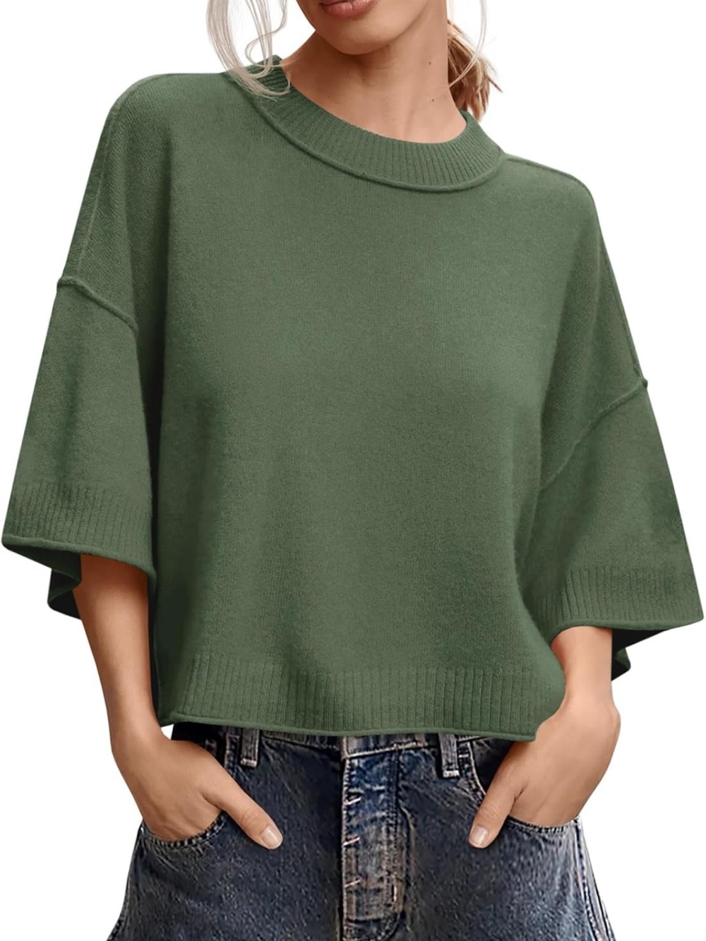 Relaxed Olive Crewneck Short Sleeve Sweater